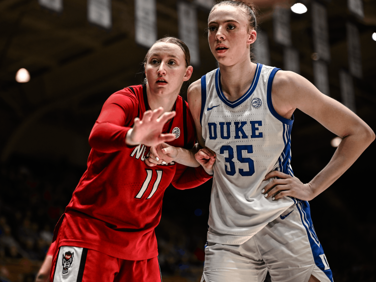 Junior guard Maddie Cox defends Duke sophomore forward Toby Fournier during the Wolfpack's matchup against the Blue Devils on Thursday, Feb. 19, 2026. Cox recorded three defensive rebounds. NC State fell to Duke 83–65.