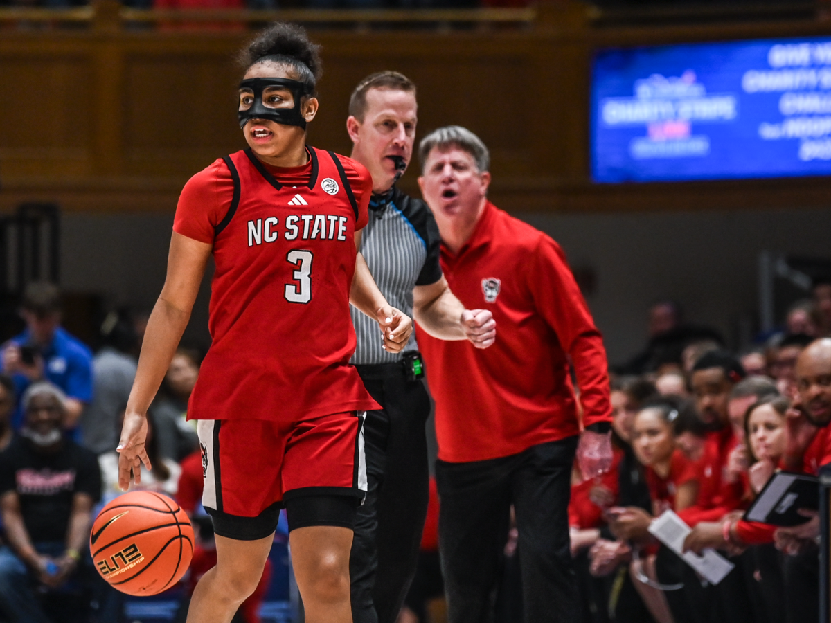 Sophomore guard Zam Jones dribbles the ball during the game against Duke on Thursday Feb. 19, 2026 in Cameron Indoor Stadium. Jones finished with six points, four assists, and two steals. The Wolfpack lost to the Blue Devils 83-65.