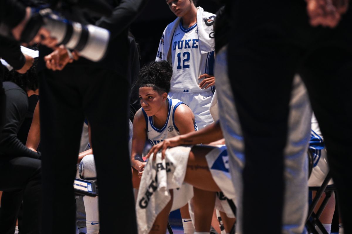 Duke senior guard Taina Mair listens to Head Coach Kara Lawson during the game against NC State on Thursday, Feb. 19, 2026 at Cameron Indoor Stadium. The Wolfpack lost to the Blue Devils 83-65.