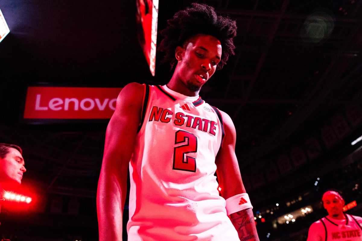 Sophomore guard Paul McNeil Jr walks back to the huddle before the game against North Carolina at the Lenovo Center on Tuesday, Feb. 17, 2026.