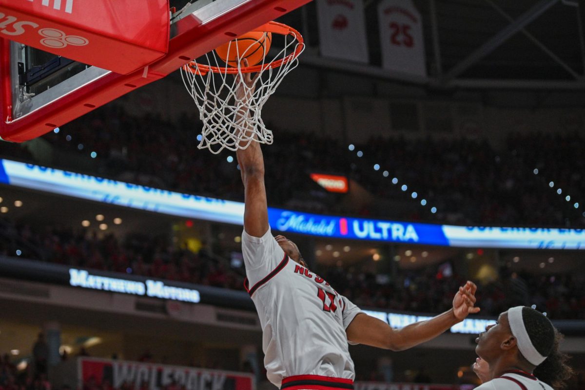 Senior guard Quadir Copeland makes a layup during the game against North Carolina at the Lenovo Center on Tuesday, Feb. 17, 2026. Copeland finished with 20 points, seven assists, and six rebounds. The Wolfpack defeated the Tar Heels 82-58.