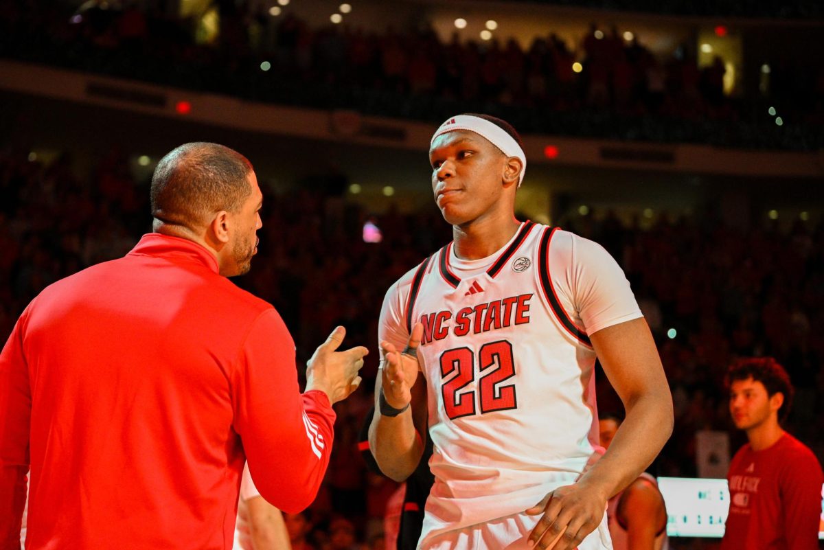 Senior forward Ven-Allen Lubin comes out for player introductions before the game against North Carolina at the Lenovo Center on Tuesday, Feb. 17, 2026. Lubin finished with 12 points against his former team. The Wolfpack defeated the Tar Heels 82–58.