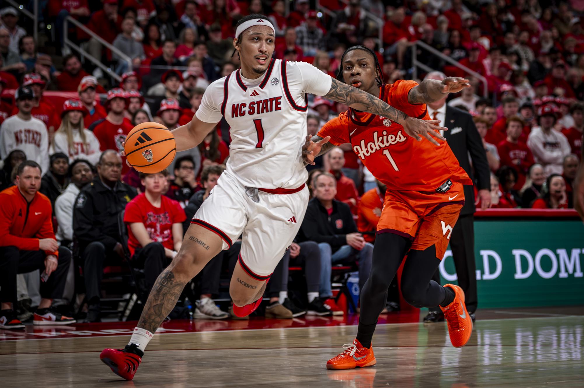 NC State senior forward Darrion Williams finds space in the lane during the game against Virginia Tech in the Lenovo Center on Saturday, Feb. 7, 2026. The Wolfpack defeated the Hokies 82-73.