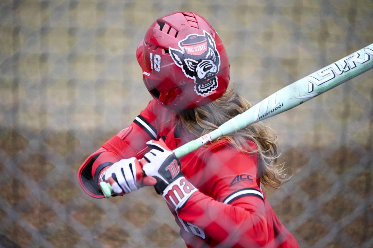 Junior outfielder Sarah Johnson stands on-deck during the game against Illinois in Dail Softball Stadium on Sunday, Feb. 22, 2026. The Wolfpack defeated the Illini 4-0. 