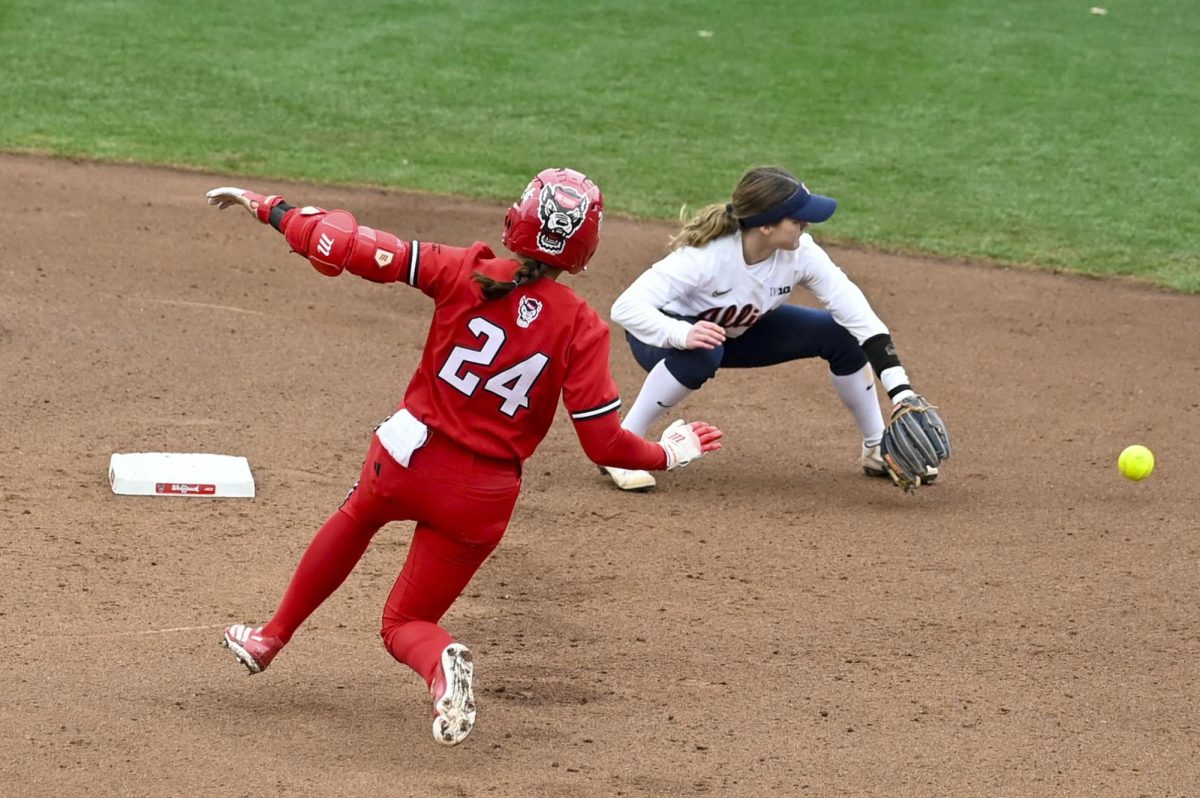 Sophomore outfielder Taryn Massey slides into second during the game against Illinois in Dail Softball Stadium on Sunday, Feb. 22, 2026. The Wolfpack defeated the Illini 4-0. 