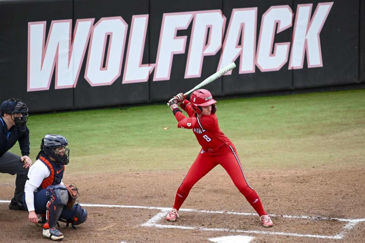 Freshman shortstop Carly Short readies to swing during the game against Illinois in Dail Softball Stadium on Sunday, Feb. 22, 2026. The Wolfpack defeated the Illini 4-0. 