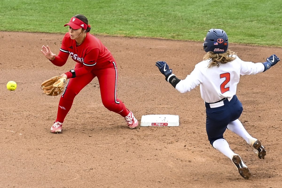 Sophomore second baseman Kendall Simmers executes a play to second during the game against Illinois in Dail Softball Stadium on Sunday, Feb. 22, 2026. The Wolfpack defeated the Illini 4-0.