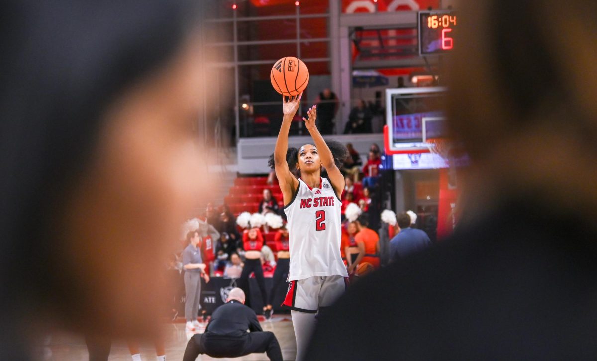 Junior guard Qadence Samuels shoots the ball before the game against Syracuse in Reynolds Coliseum on Sunday, Feb. 22, 2026. Samuels had three points. The Wolfpack defeated the Orange 82-69.
