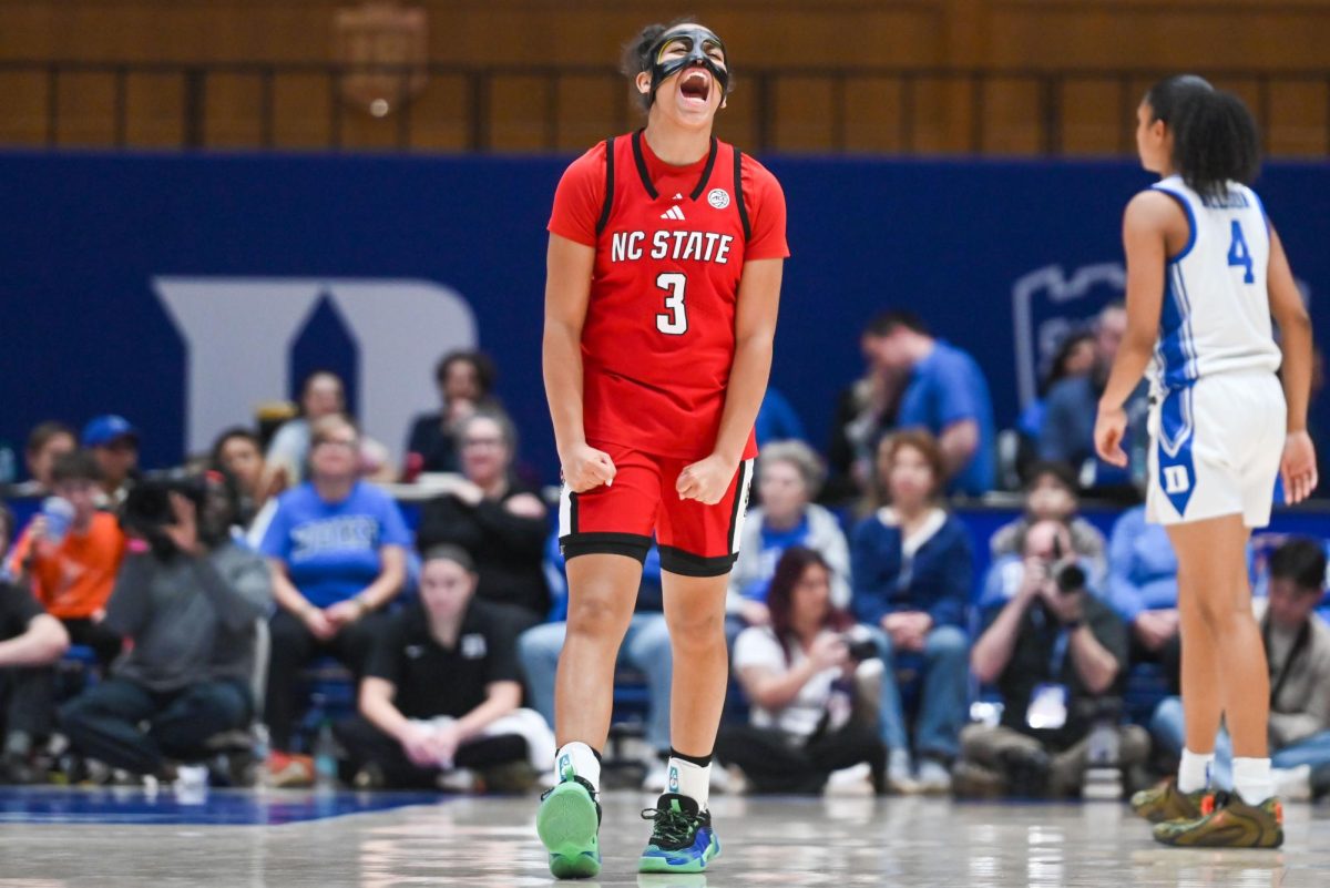 Sophomore guard Zamareya Jones celebrates after a goal during the game against Duke in Cameron Indoor Stadium on Thursday Feb 19, 2026. Jones scored three three-pointers. NC State lost to Duke 83-65.