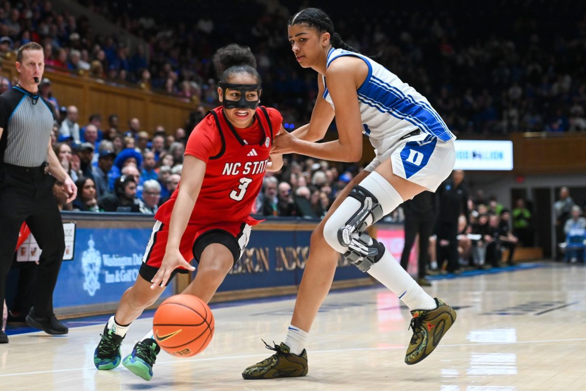 Sophomore guard Zamareya Jones dribbles the ball during the game against Duke in Cameron Indoor Stadium on Thursday Feb 19, 2026. Jones scored three three-pointers. NC State lost to Duke 83-65.
