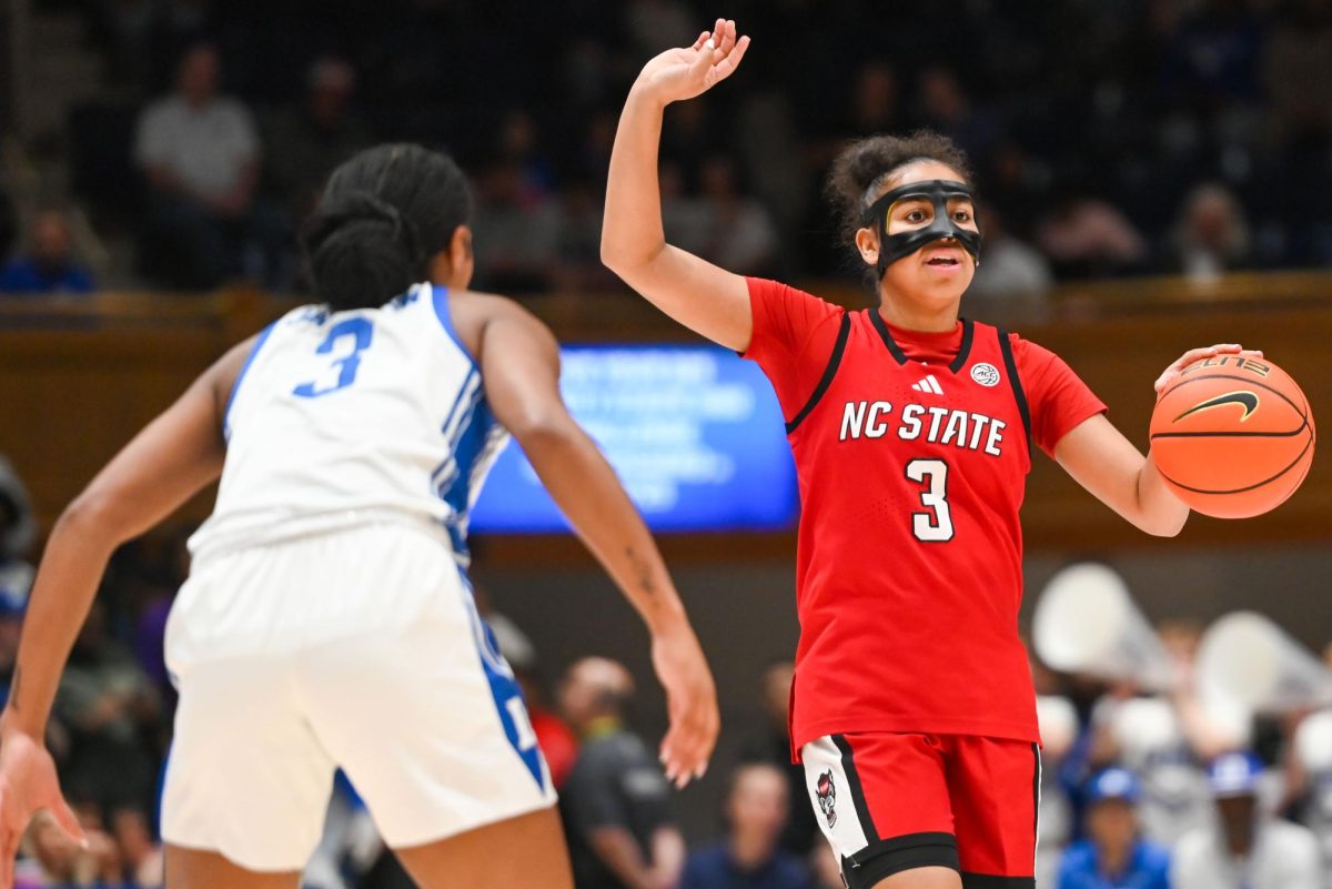 Sophomore guard Zamareya Jones communicates to a team member during the game against Duke in Cameron Indoor Stadium on Thursday Feb 19, 2026. Jones scored three three-pointers. NC State lost to Duke 83-65.