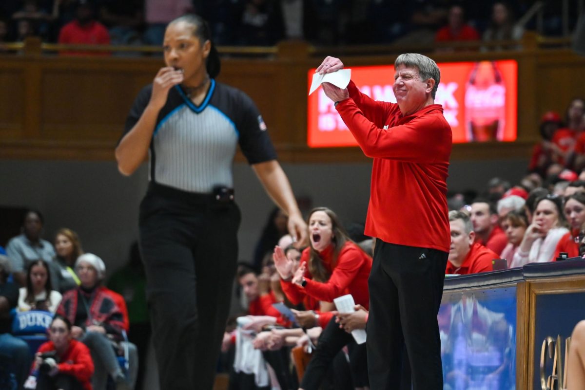 Head coach Wes Moore calls a timeout during the game against Duke in Cameron Indoor Stadium on Thursday Feb 19, 2026. NC State lost to Duke 83-65.