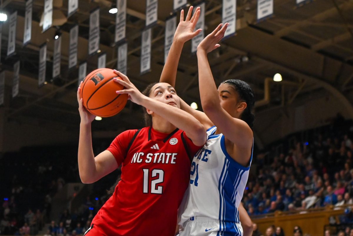 Junior forward Khamil Pierre attempts to shoot during the game against Duke in Cameron Indoor Stadium on Thursday Feb 19, 2026. Pierre had five rebounds and scored 24 points. NC State lost to Duke 83-65. 