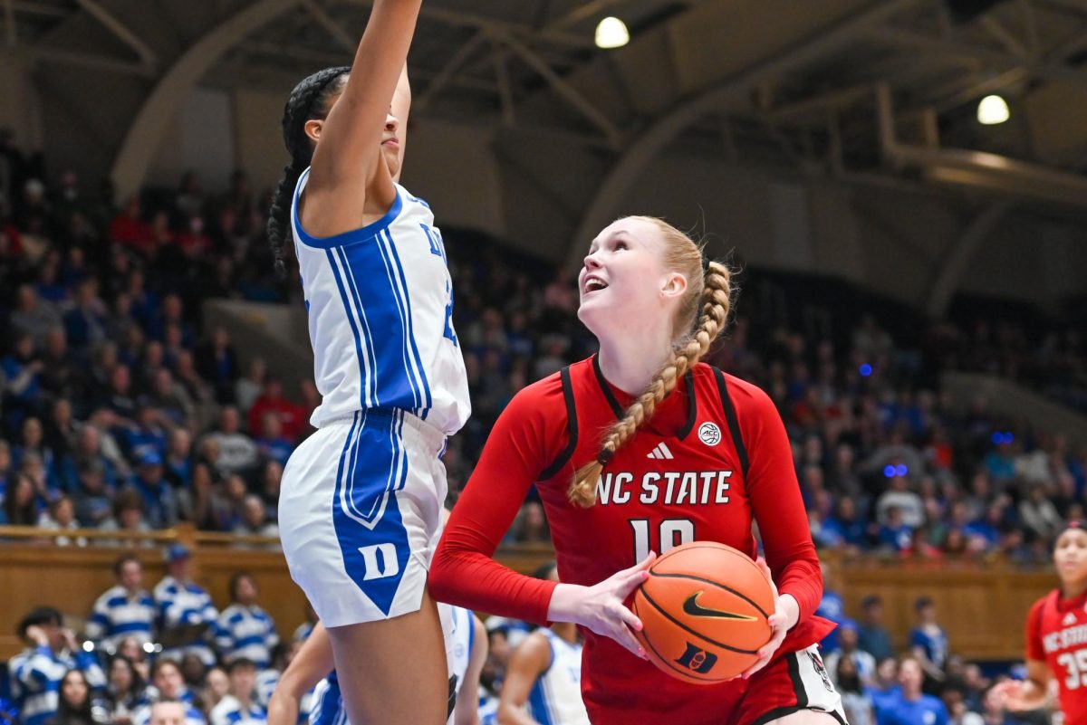 Sophomore forward Tilda Trygger eyes the hoop during the game against Duke in Cameron Indoor Stadium on Thursday Feb 19, 2026. Trygger scored six points. NC State lost to Duke 83-65.