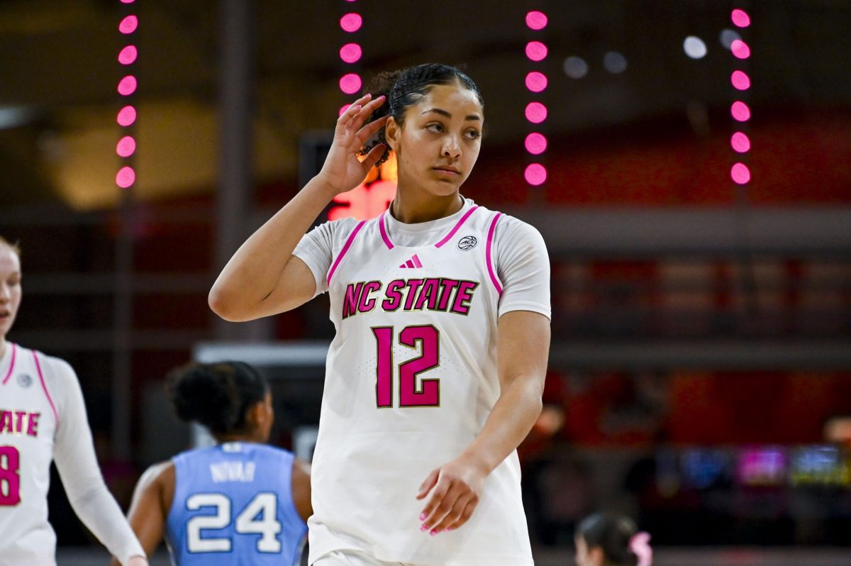 Junior forward Khamil Pierre awaits a play during the Play4Kay game against UNC-Chapel Hill at Reynolds Coliseum on Monday, Feb. 2, 2026. The Tar Heels defeated the Wolfpack 61-59. 