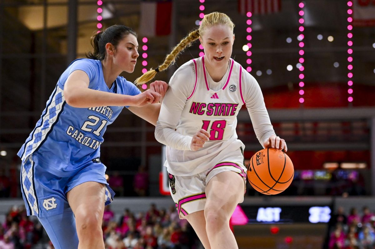 Sophomore forward Tilda Trygger defends the ball during the Play4Kay game against UNC-Chapel Hill at Reynolds Coliseum on Monday, Feb. 2, 2026. Trygger scored 11 points. The Tar Heels defeated the Wolfpack 61-59.  