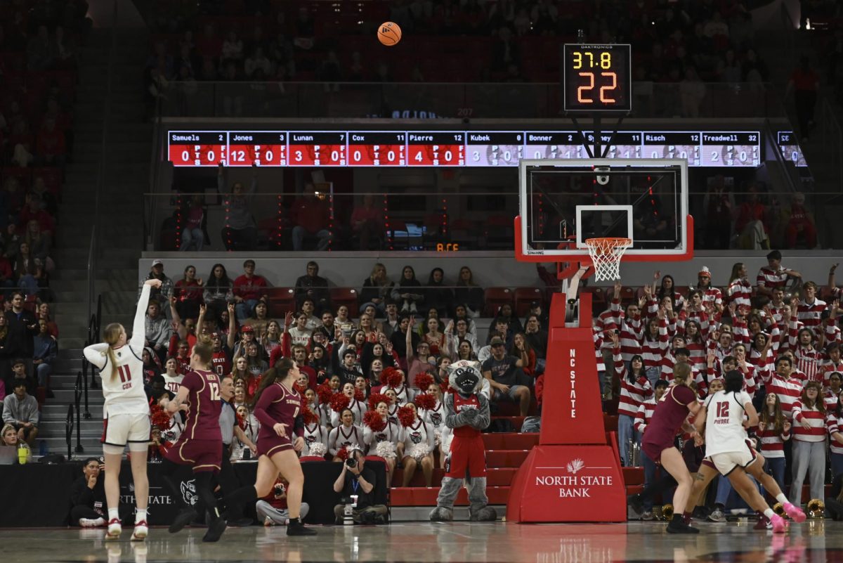 NC State junior forward Maddie Cox shoots the ball during the game against Florida State at Reynolds Coliseum on Thursday, Feb. 5, 2026. Cox scored three points and had one assist. The Wolfpack defeated the Seminoles 83-55.