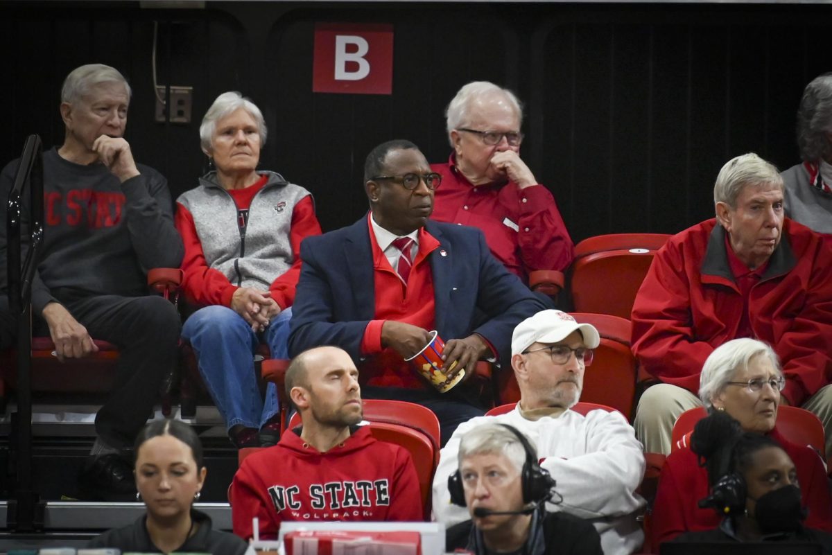 NC State Chancellor Kevin Howell watches the game against Florida State at Reynolds Coliseum on Thursday, Feb. 5, 2026. The Wolfpack defeated the Seminoles 83-55.