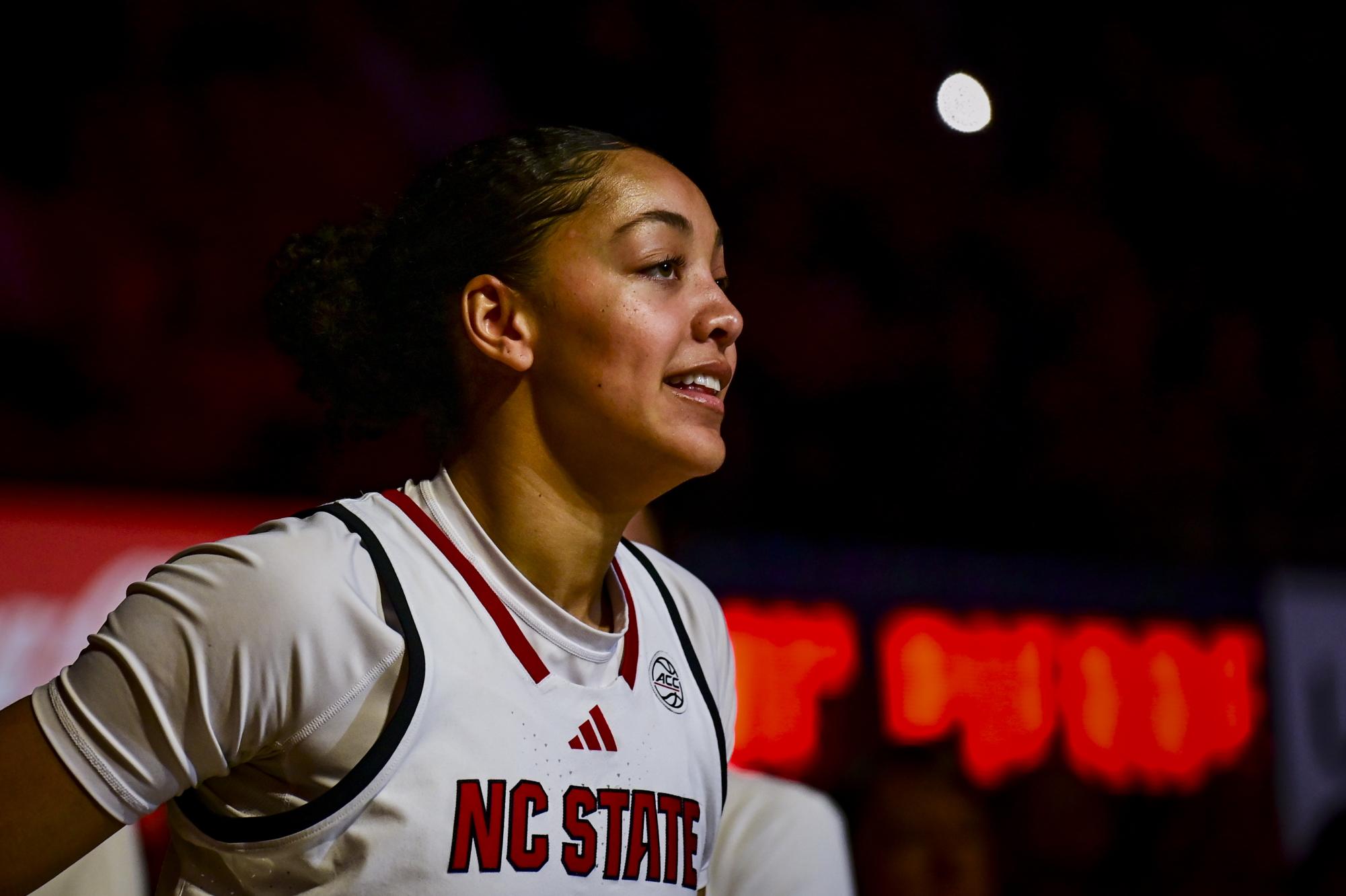 NC State junior forward Khamil Pierre runs out during starting lineup introductions before the game against Florida State at Reynolds Coliseum on Thursday, Feb. 5, 2026. Pierre scored 11 points. NC State defeated Florida State 83-55.