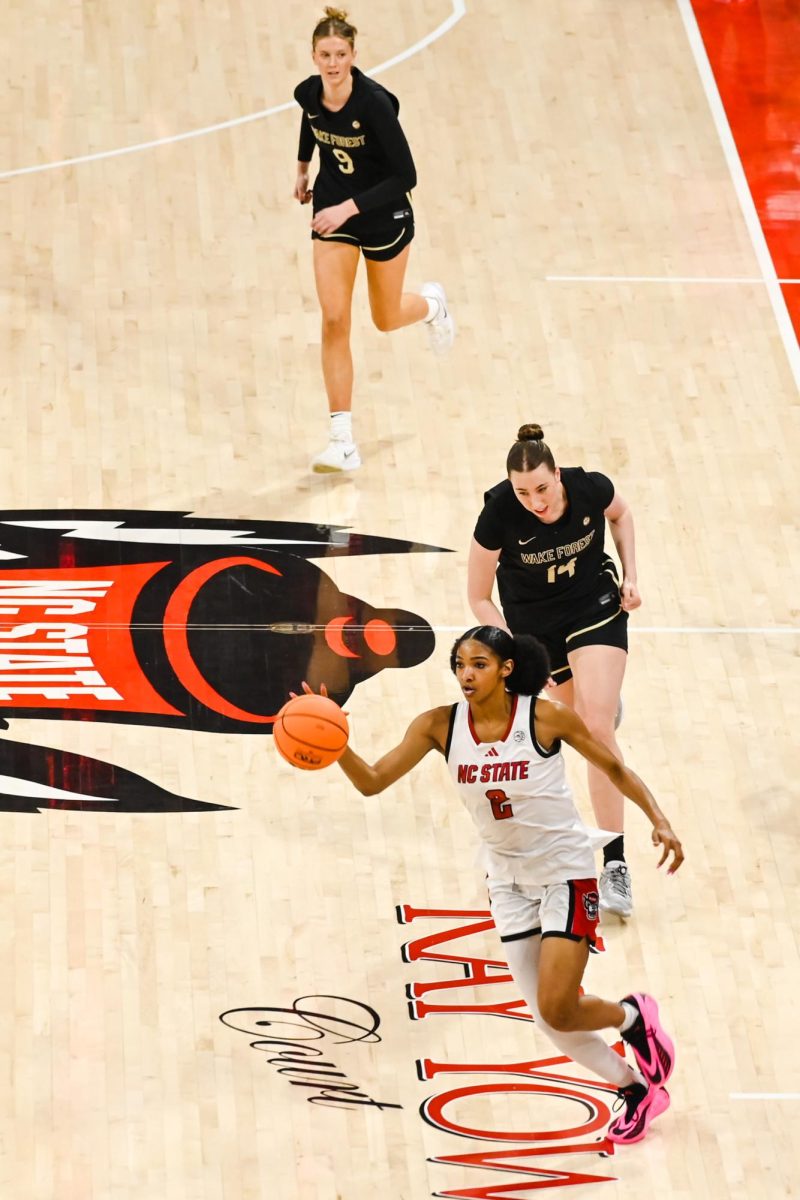 Junior guard Qadence Samuels dribbles down the court during the game against Wake Forest at Reynolds Coliseum on Thursday, Feb. 26, 2026. The Wolfpack defeated the Demon Deacons 65-56.
