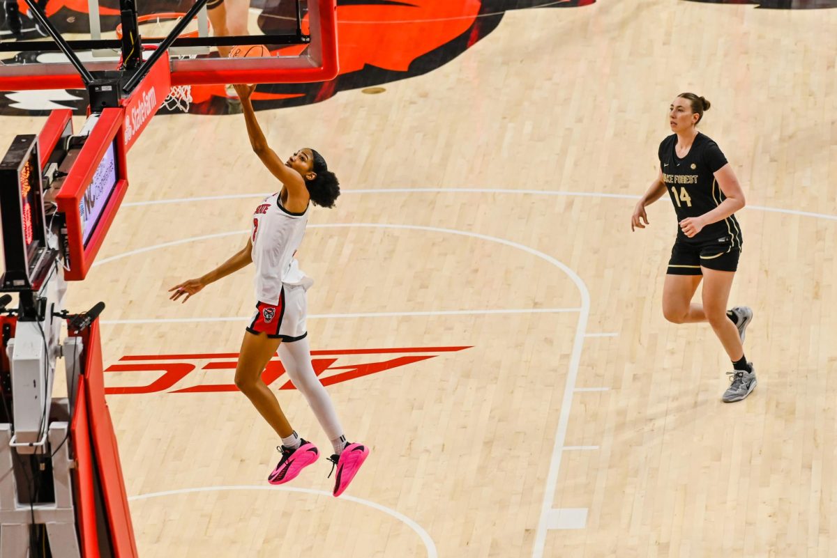 Junior guard Qadence Samuels attempts a layup during the game against Wake Forest at Reynolds Coliseum on Thursday, Feb. 26, 2026. The Wolfpack defeated the Demon Deacons 65-56.
