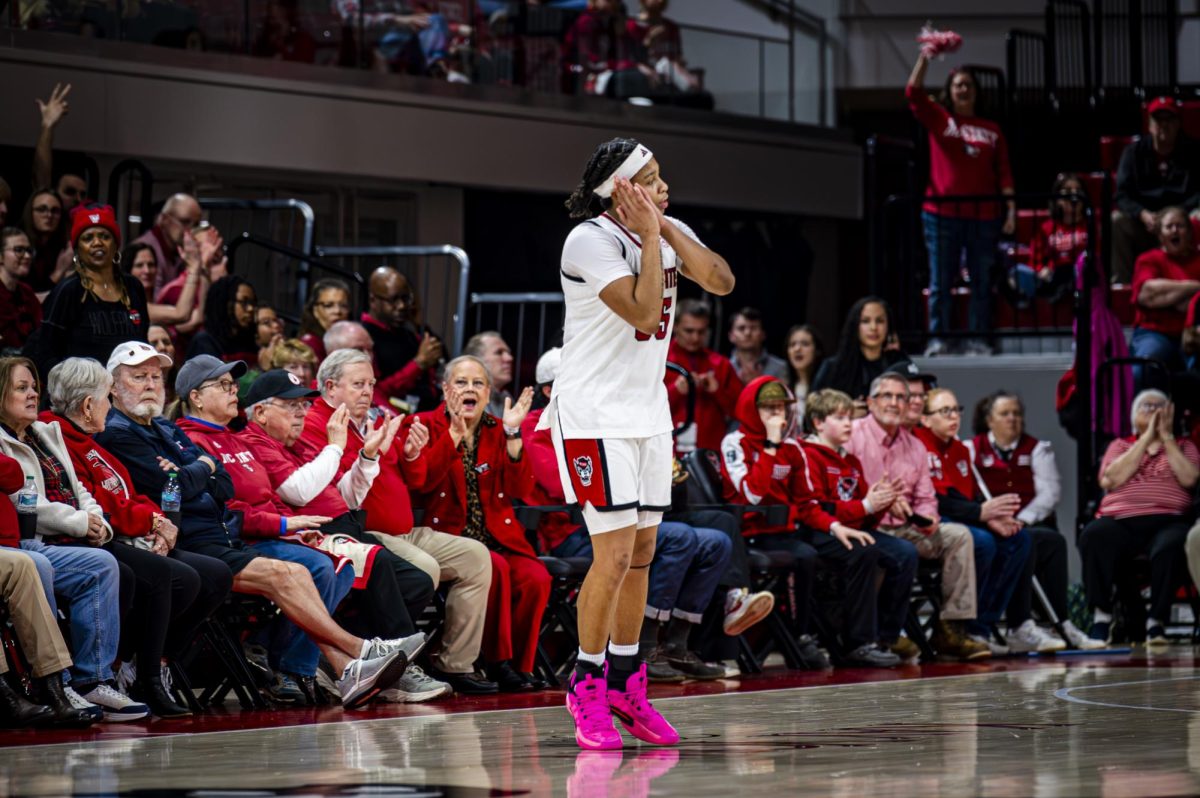 Junior guard Zoe Brooks poses after making a three-pointer during the game against Wake Forest in Reynolds Coliseum on Thursday, Feb. 26, 2026. Brooks scored 17 points. The Wolfpack defeated the Demon Deacons 65-56.