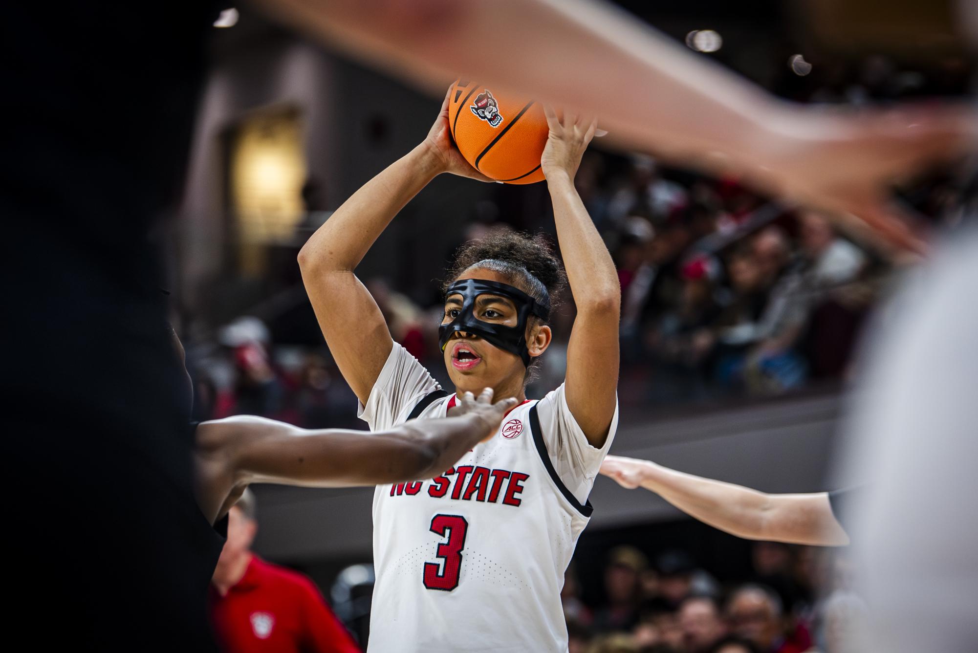 Sophomore guard Zamareya Jones looks to pass during the game against Wake Forest in Reynolds Coliseum on Thursday, Feb. 26, 2026. The Wolfpack defeated the Demon Deacons 65-56.
