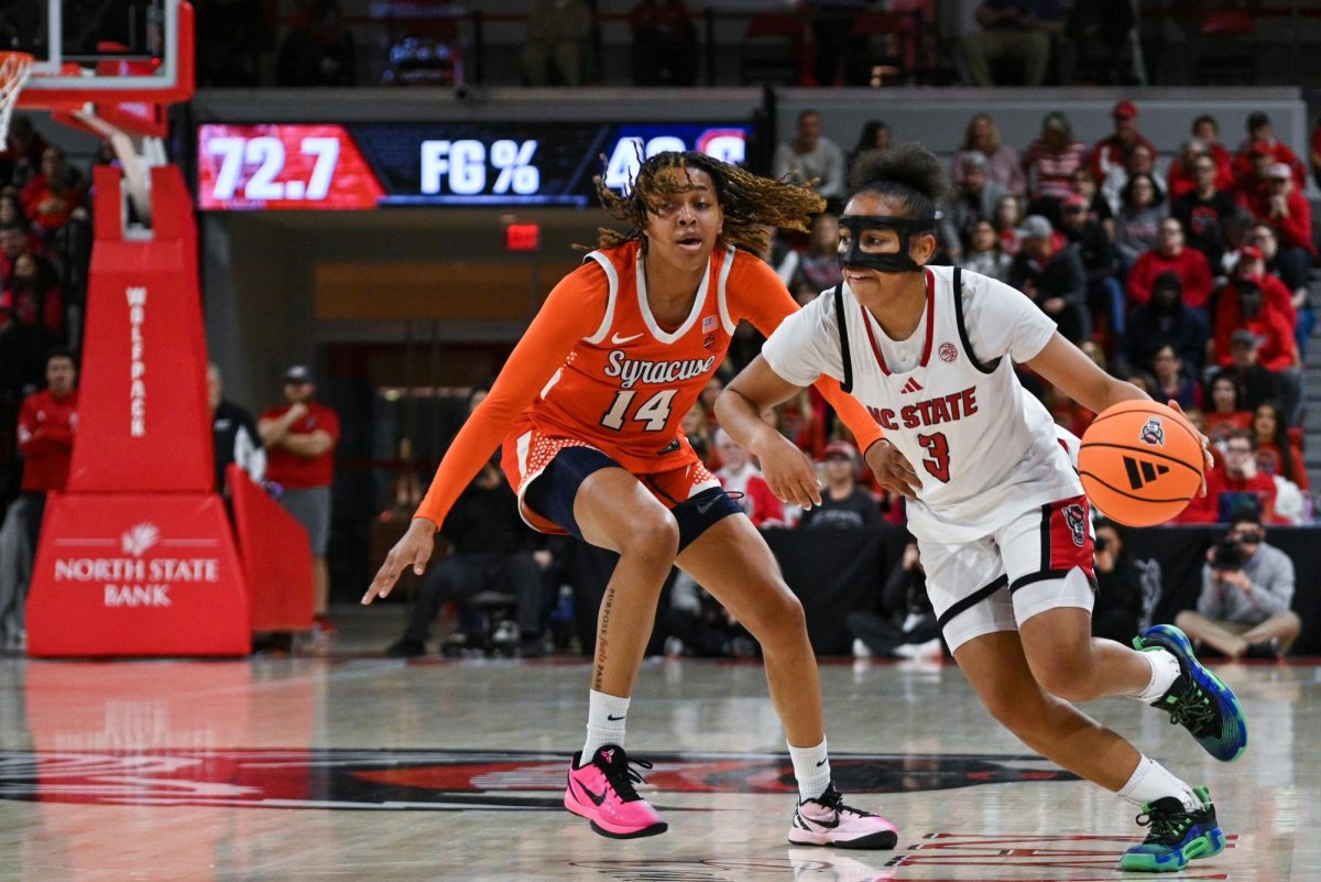 Sophomore guard Zamareya Jones looks to make a drive during the game against Syracuse at Reynolds Coliseum on Sunday, Feb. 22, 2026. Jones scored 14 points. NC State beat Syracuse 82-69.