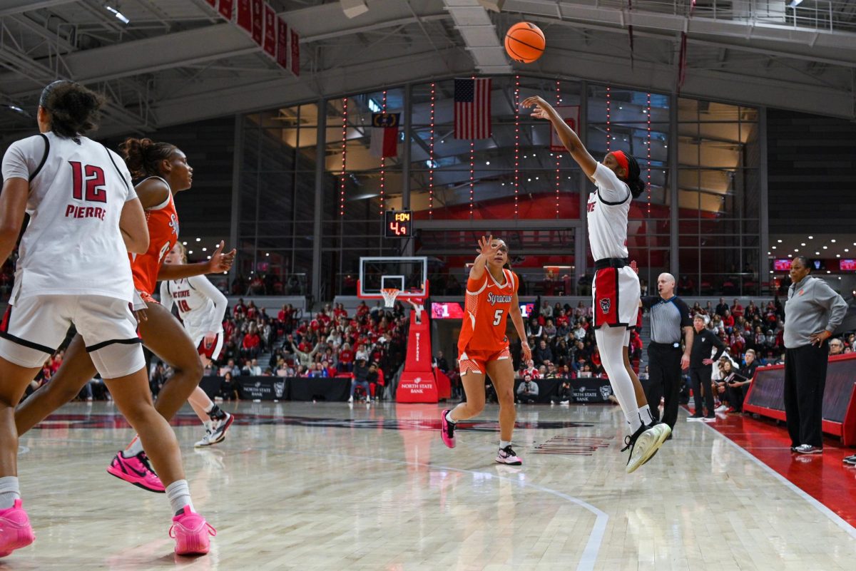 Freshman guard Destiny "Ky'She" Lunan takes a shot during the game against Syracuse at Reynolds Coliseum on Sunday, Feb. 22, 2026. NC State beat Syracuse 82-69.