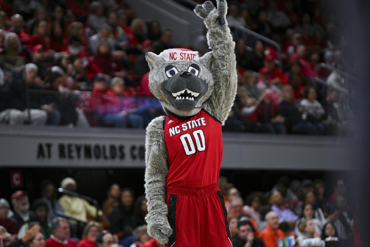Mr. Wuf throws up a three during the game against Syracuse at Reynolds Coliseum on Sunday, Feb. 22, 2026. NC State beat Syracuse 82-69.