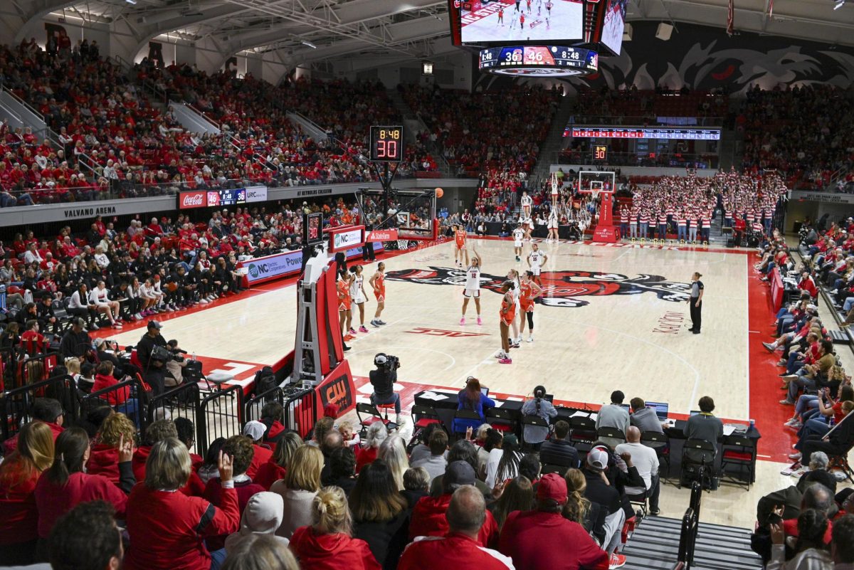 Junior forward Khamil Pierre shoots a free throw during the game against Syracuse at Reynolds Coliseum on Sunday, Feb. 22, 2026. Pierre scored 25 points. NC State beat Syracuse 82-69.