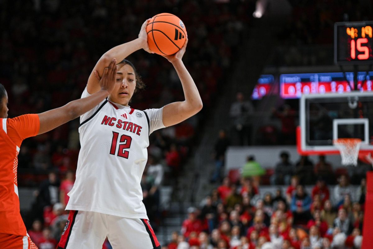 Junior forward Khamil Pierre catches a pass during the game against Syracuse at Reynolds Coliseum on Sunday, Feb. 22, 2026. Pierre scored 25 points. NC State beat Syracuse 82-69.