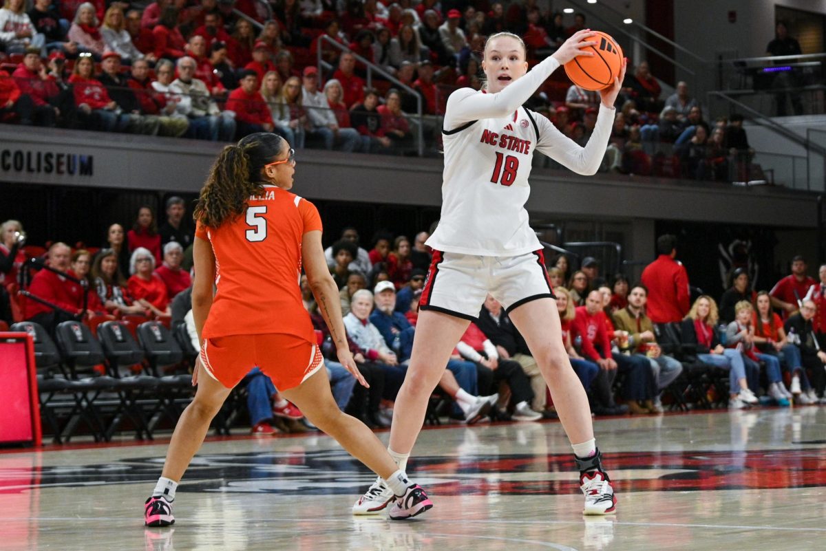Sophomore forward Tilda Trygger looks to make a pass during the game against Syracuse at Reynolds Coliseum on Sunday, Feb. 22, 2026. Trygger scored 14 points. NC State beat Syracuse 82-69.