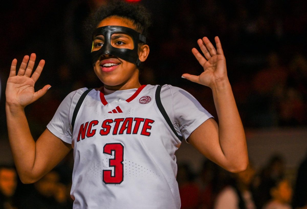 Sophomore guard Zamareya Jones dances before the game against Syracuse in Reynolds Coliseum on Sunday, Feb. 22, 2026. Jones had 14 points, eight assists and one rebound. The Wolfpack defeated the Orange 82-69.