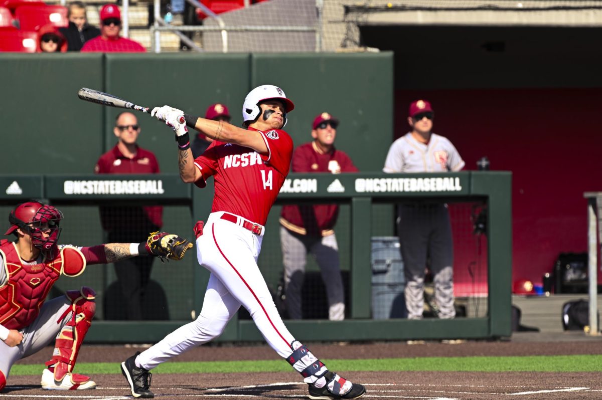 Sophomore outfielder Ty Head takes a swing during the game against Boston College at Doak Field at Dail Park on Friday, March 13, 2026. Head was at bat three times during the game. NC State beat Boston College 4-2.