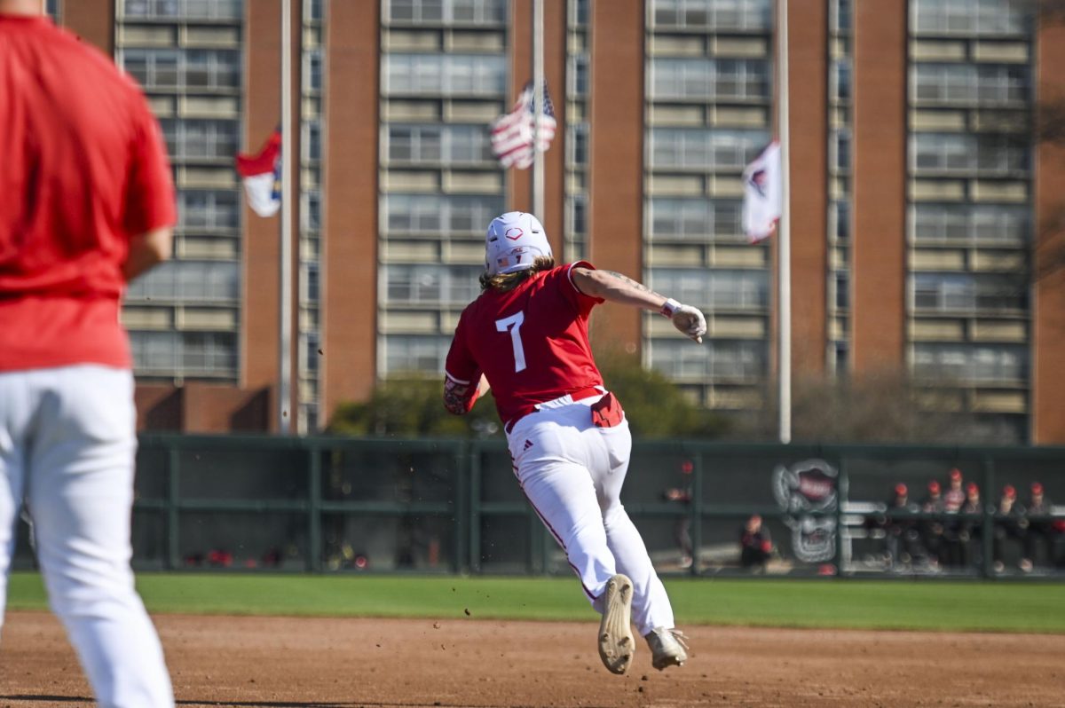 Senior outfielder Brayden Fraasman sprints to second during the game against Sacred Heart in Doak Field in Dail Park on Sunday, March 1, 2026. The Wolfpack defeated the Pioneers 13-0.