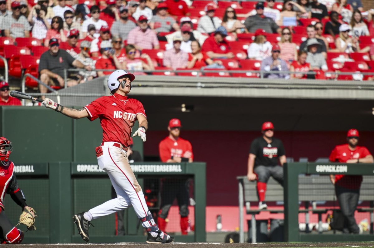 Sophomore outfielder Ty Head grimaces after a foul ball during the game against Sacred Heart in Doak Field in Dail Park on Sunday, March 1, 2026. The Wolfpack defeated the Pioneers 13-0.