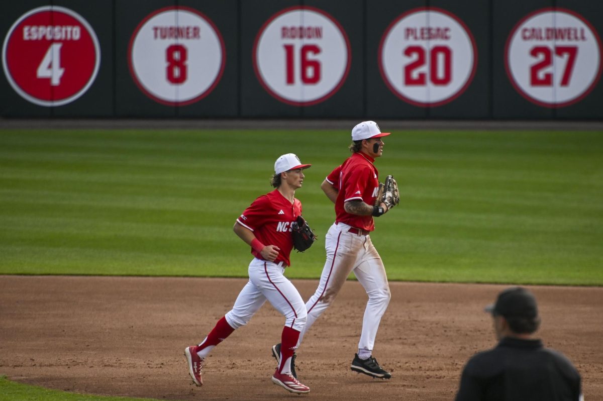 Freshman outfielder Rett Johnson and sophomore outfielder Ty Head jog back to the dugout between innnings during the game against Sacred Heart in Doak Field in Dail Park on Sunday, March 1, 2026. The Wolfpack defeated the Pioneers 13-0.