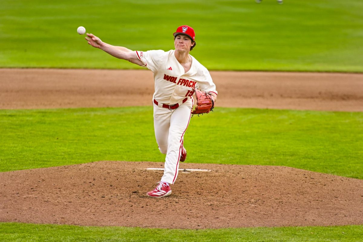 Junior pitcher Heath Andrews throws a pitch during the game against Boston College at Doak Field at Dail Park on Sunday, March 15, 2026. Andrews threw for seven innings. NC State beat Boston College 5-1.