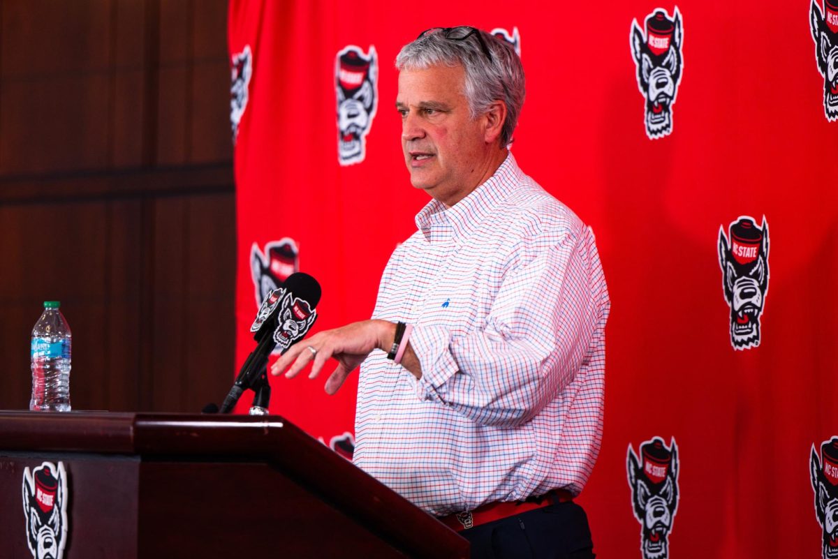 Director of Athletics Boo Corrigan speaks to the media during a press conference after the announcement of the departure of former NC State Head Coach Will Wade on Thursday, March 26, 2026. Wade resigned from NC State to head back to LSU.