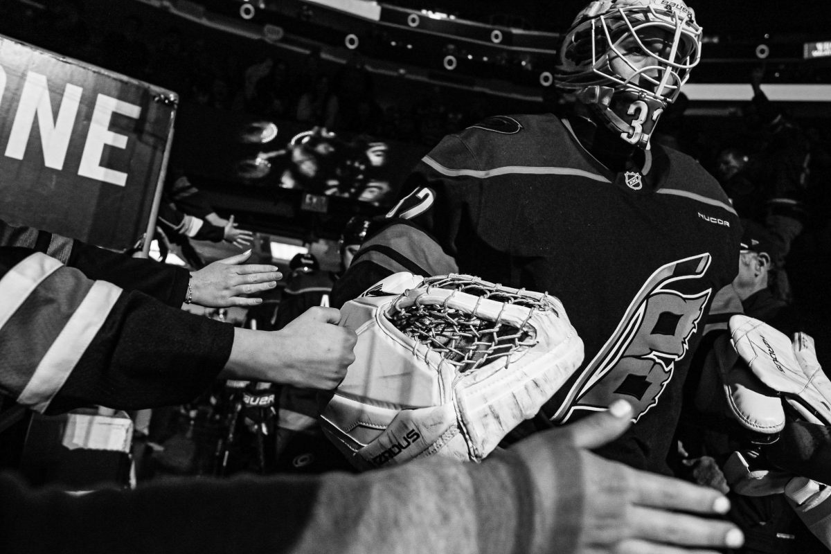 Goalie Brandon Bussi walks out amidst fans for the last period of the game versus the New Jersey Devils at the Lenovo Center on Saturday, March 28, 2026. Bussi had seventeen saves. The Canes beat the Devils 5-2.