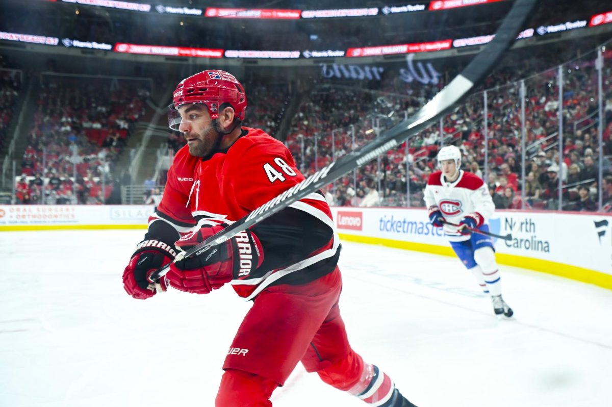 Left wing Jordan Martinook watches the puck during the game versus the Montreal Canadiens at the Lenovo center on Sunday, March 29, 2026. The Canadiens beat the Hurricanes 3-1.