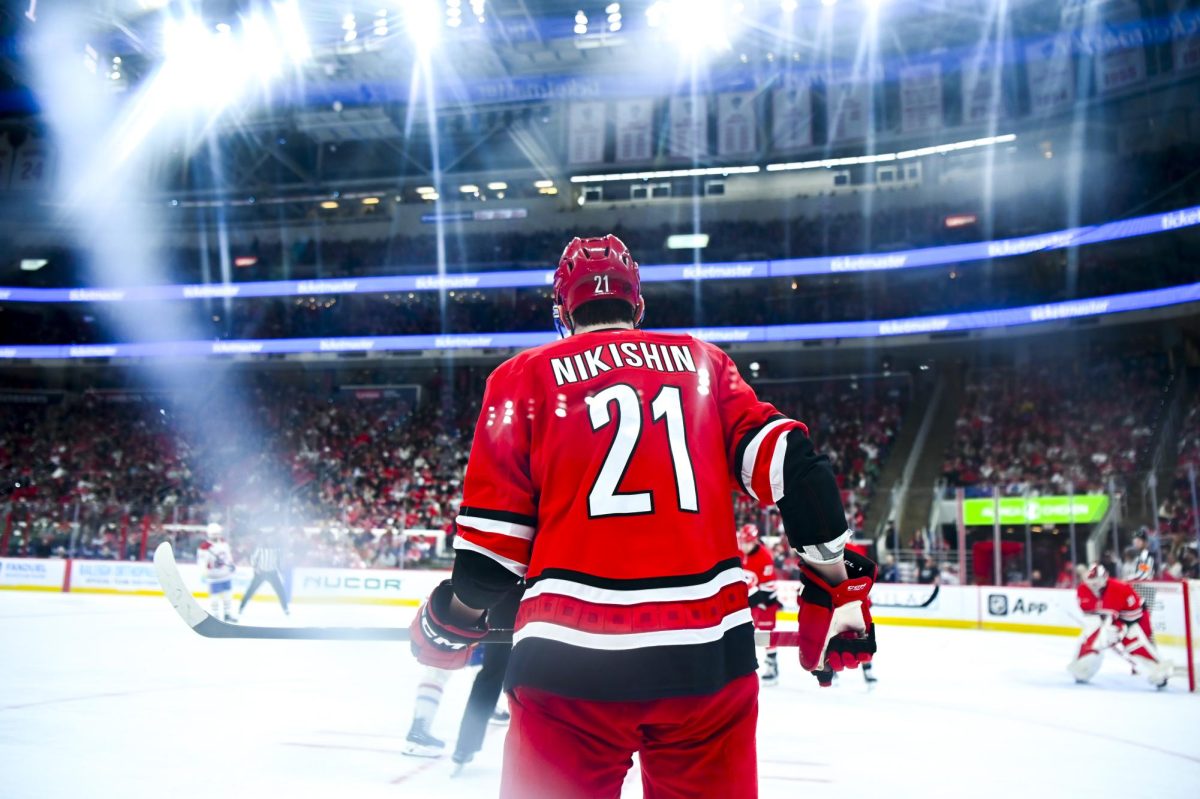 Defenseman Alexander Nikishin waits for the puck drop during the game versus the Montreal Canadiens at the Lenovo center on Sunday, March 29, 2026. The Canadiens beat the Hurricanes 3-1.