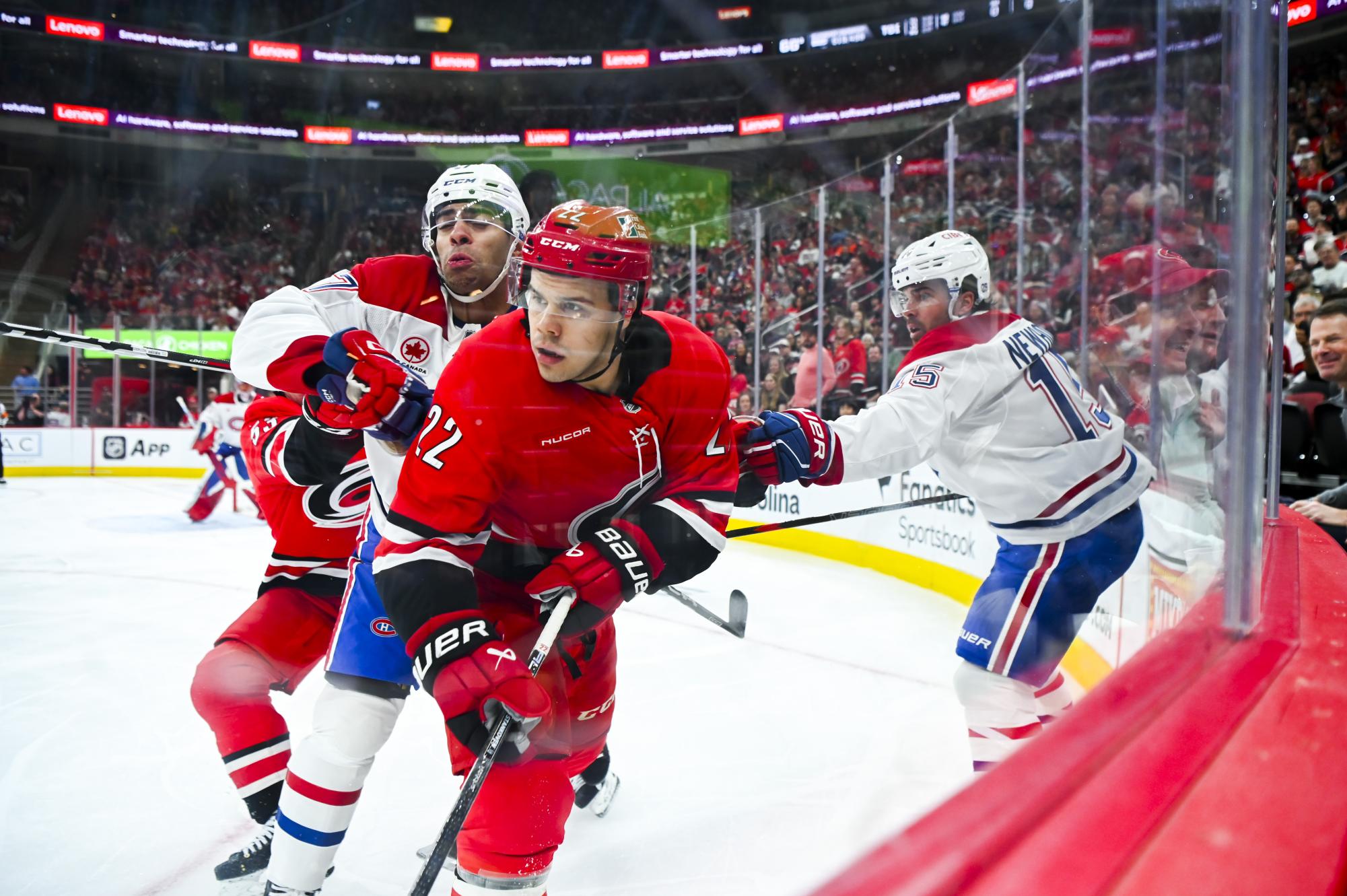 Center Logan Stankoven battles an opponent for the puck during the game versus the Montreal Canadiens at the Lenovo center on Sunday, March 29, 2026. The Canadiens beat the Hurricanes 3-1.