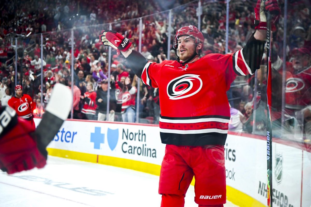 Right wing Andrei Svechnikov celebrates after scoring a goal during the game versus the Montreal Canadiens at the Lenovo center on Sunday, March 29, 2026. Svechnikov scored one goal for the Hurricanes. The Canadiens beat the Hurricanes 3-1.