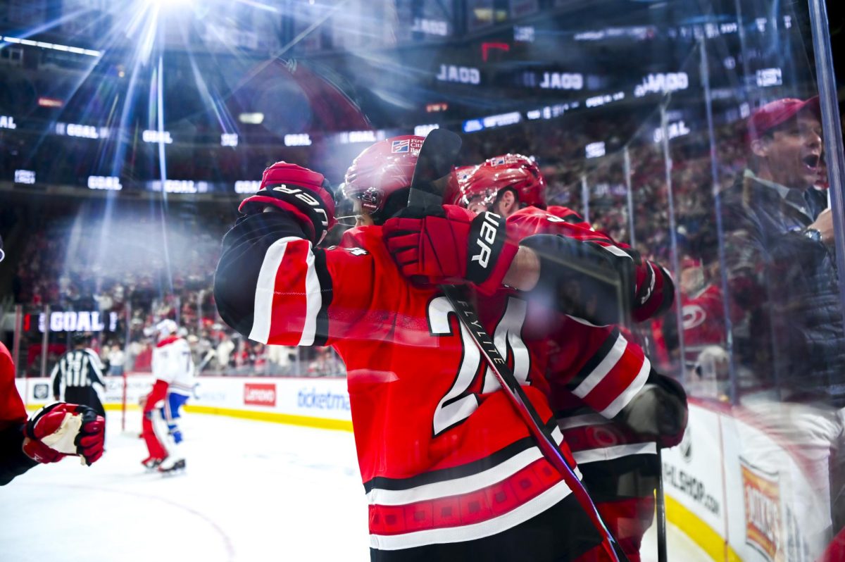 Center Seth Jarvis and right wing Andrei Svechnikov celebrate after scoring a goal during the game versus the Montreal Canadiens at the Lenovo center on Sunday, March 29, 2026. Svechnikov scored one goal for the Hurricanes. The Canadiens beat the Hurricanes 3-1.