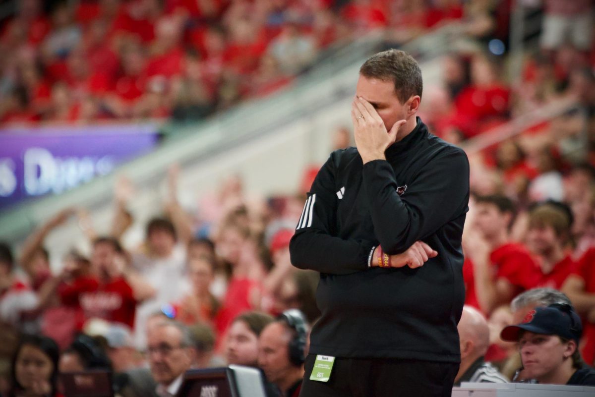 Head coach Will Wade covers his face in disgust during the game against Stanford in the Lenovo Center on Saturday, March 7, 2026. The Cardinal defeated the Wolfpack 85-84.
