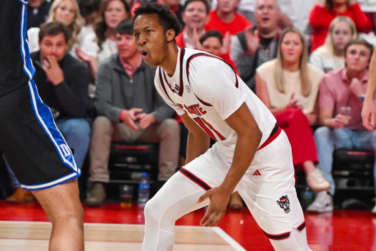 Senior guard Quadir Copeland reacts to his basket during the game against Duke at the Lenovo Center on Monday, March 2, 2026. The Wolfpack fell to the Blue Devils 93-64. Copeland finished with 11 points and five assists.