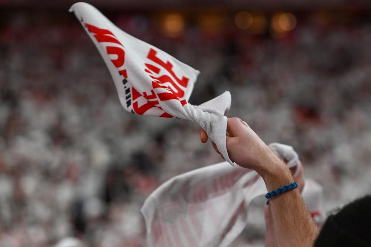 A rally towel is whipped back and forth during the game against Duke at the Lenovo Center on Monday, March 2, 2026. The Wolfpack fell to the Blue Devils 93-64. 
