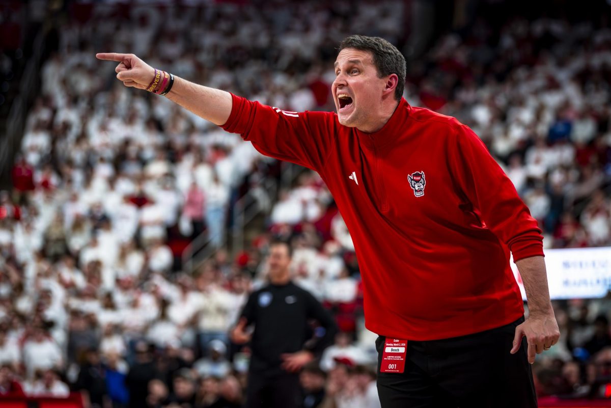 NC State head coach Will Wade yells during the game against Duke in the Lenovo Center on Monday, March 2, 2026. The Blue Devils defeated the Wolfpack 93-64.